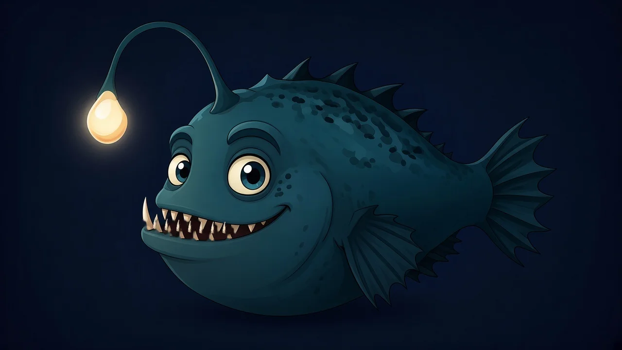 Lurker, the Lurking Light anglerfish, grinning with his lure glowing